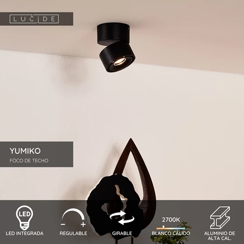 Lucide YUMIKO - Foco de techo - Ø 7,8 cm - LED Regul. - 1x10W 2700K - Negro - USP